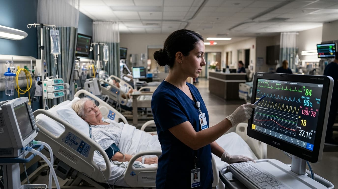 NHS staff nurse using digital physiological monitoring chart on hospital acute ward
