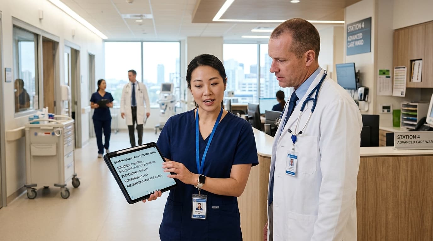 Canadian nurse coordinating care plan with interprofessional clinical team