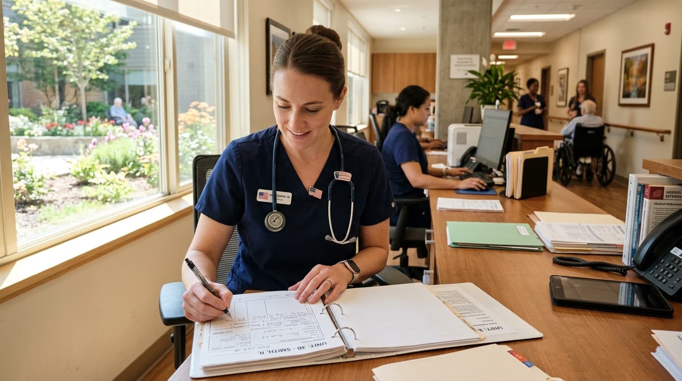 American Registered Nurse charting at nursing station inside a modern sunlit long-term care facility